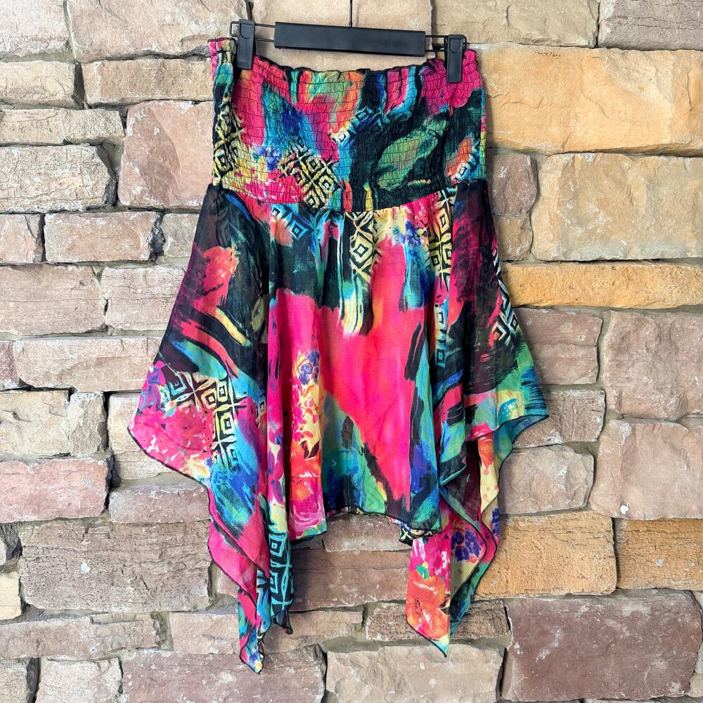 Vintage Arden B L 90's Y2K Floral Strapless Smocked Top Handkerchief Sheer Hem
